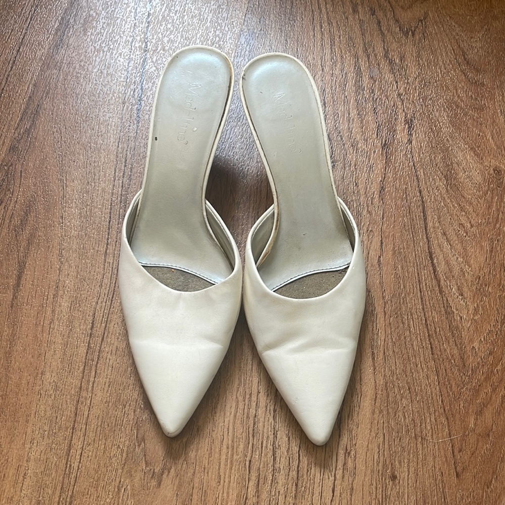 Beige, slip-on 1” pointed toe heels